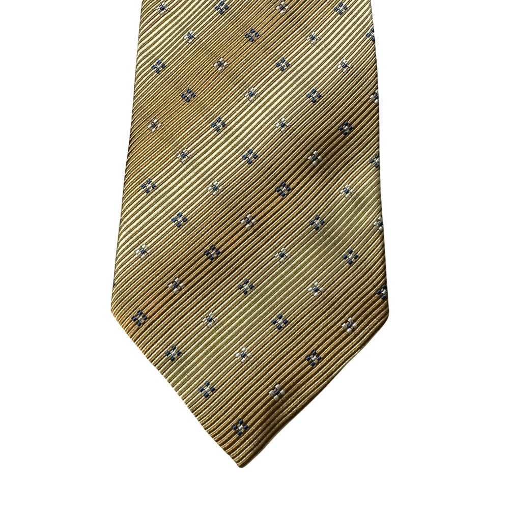 Nubio Collezione Esclusivo Mens Gold Silk Tie Geometric Blue Square Pattern 59in